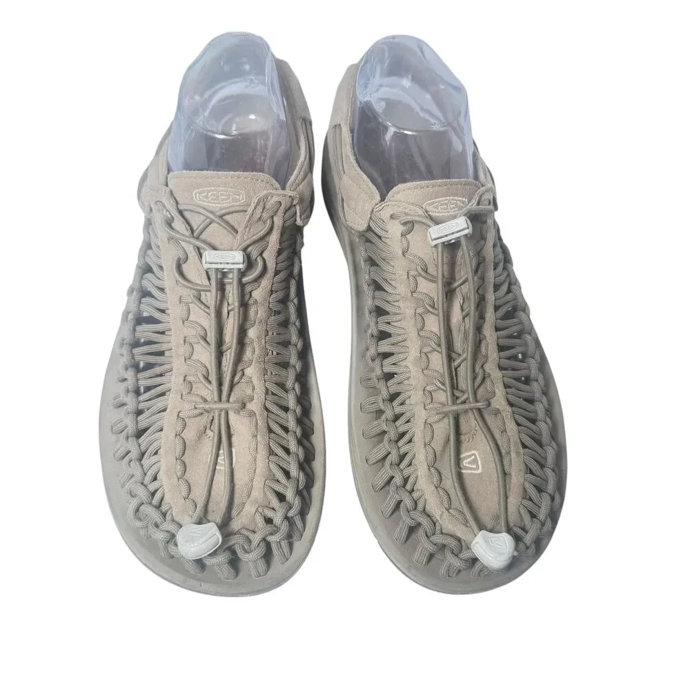 Keen Uneek Sandals Mens US 10 Gray Suede Walking Hiking Woven Bungee White Logo